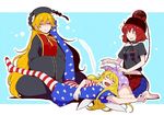  =v= american_flag_dress american_flag_legwear bare_shoulders barefoot belt black_dress black_shirt blonde_hair blue_background blush_stickers breasts butterfly_sitting chain closed_eyes clownpiece collar commentary_request dress drooling ear eichi_yuu eyebrows_visible_through_hair eyelashes fairy_wings full_body hands_together hat headdress heart hecatia_lapislazuli jester_cap junko_(touhou) lap_pillow long_hair long_sleeves midriff miniskirt moon_(ornament) multicolored multicolored_clothes multicolored_skirt multiple_girls navel off-shoulder_shirt open_mouth pantyhose plaid plaid_skirt polos_crown red_eyes red_hair shirt short_dress short_sleeves sitting skirt sleeping sleeves_past_wrists small_breasts sweat t-shirt tabard tassel touhou very_long_hair wariza wide_sleeves wings 