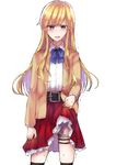  absurdres ass_visible_through_thighs belt blonde_hair blue_bow blush bow bowtie brown_jacket bulge commentary_request cowboy_shot crossdressing eyebrows_visible_through_hair garter_straps hakata_tonkotsu_ramens highres jacket long_hair male_focus mochiko_(mocchikkoo) otoko_no_ko pleated_skirt red_skirt simple_background skirt solo underpants white_background xianming_lin 