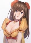  blue_eyes breasts brown_hair choker cleavage collarbone commentary_request earrings fate/grand_order fate_(series) flower hair_between_eyes hair_flower hair_ornament hoop_earrings jewelry large_breasts long_hair looking_at_viewer mata_hari_(fate/grand_order) pikomaro red_choker short_sleeves simple_background solo stomach white_background 