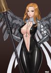  armor artist_name between_breasts black_bodysuit blue_eyes bodysuit breasts center_opening gauntlets hand_on_hip heterochromia highres impossible_bodysuit impossible_clothes jewelry karmiel lance large_breasts lips long_hair looking_at_viewer mabinogi mabinogi_heroes mechanical_wings necklace neimhein_(mabinogi) orange_eyes orange_hair polearm scarf shoulder_armor solo thick_lips weapon white_scarf wings 