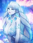  animal_ears blue blue_eyes blush breasts bunny_ears bunny_tail fur huge_breasts long_hair looking_at_viewer pink_lady_mage simple_background smile solo tail tsuki_(xenoblade) white_hair xenoblade_(series) xenoblade_2 