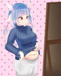  absurdres belly belly_peek blush breasts curvy fat_folds highres i-19_(kantai_collection) kantai_collection large_breasts meat_day mirror navel plump ribbed_sweater shirt_lift simple_background sweater turtleneck turtleneck_sweater wavy_mouth weight_conscious youryuu 