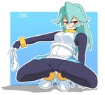  2018 arm_support blue_background bodystocking bracelet breasts cameltoe capcom dated fingerless_gloves green_hair hair_between_eyes heels high_heels holding holding_panties long_hair looking_to_the_side medium_breasts pandora_(rockman) panties red_eyes rockman rockman_zx shoes shoutaro_saito sidelocks signature simple_background skirt_pull smile solo solo_focus spandex spread_legs squatting tight 