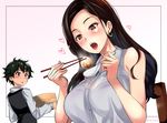  1girl age_difference bamboo_steamer black_hair blush breasts brown_eyes chair chopsticks collared_shirt dress_shirt earrings eating food heart holding holding_chopsticks holding_spoon hoop_earrings jewelry large_breasts long_hair looking_at_another open_mouth original puca-rasu see-through shirt sleeveless sleeveless_shirt spoon tongue tongue_out vest 