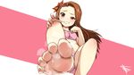  1girl brown_hair feet grin idolmaster long_hair minase_iori pov_feet preesoul smell solo sweat 