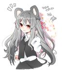  1girl abe_suke alternate_hair_length alternate_hairstyle animal_ears bangs black_skirt brown_eyes buttons character_name closed_mouth collared_shirt commentary_request eyebrows_visible_through_hair grey_hair highres long_hair long_sleeves looking_at_viewer mouse_ears nazrin notice_lines shirt sidelocks signature skirt smile solo touhou twintails upper_body white_shirt 