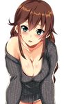  bare_shoulders blush breasts brown_hair cleavage collarbone eyebrows_visible_through_hair green_eyes kantai_collection kyougoku_shin large_breasts leaning_forward long_hair looking_at_viewer naked_sweater navel noshiro_(kantai_collection) off_shoulder open_mouth shiny shiny_skin simple_background smile solo standing sweatdrop sweater white_background 