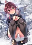  ahoge arashi_(kantai_collection) bangs black_legwear blush eyebrows_visible_through_hair hands_together kantai_collection kyougoku_shin loafers looking_at_viewer nose_blush open_mouth outdoors panties pantyshot red_hair scarf shoes short_hair shrine snow solo squatting thighhighs underwear white_panties 