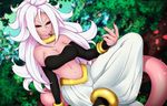  alina_pegova android_21 bare_shoulders black_sclera breasts cleavage detached_sleeves dragon_ball dragon_ball_fighterz earrings grin harem_pants jewelry large_breasts long_hair majin_android_21 midriff navel pants pink_skin red_eyes ring smile solo tail white_hair 
