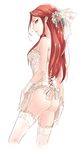  ass bow breasts commentary_request corset garter_straps gloves hair_bow idolmaster idolmaster_cinderella_girls lingerie long_hair looking_at_viewer medium_breasts null_(chronix) panties red_hair standing thighhighs thong underwear white_gloves white_panties zaizen_tokiko 