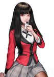  absurdres bangs black_hair blazer blunt_bangs card commentary cosplay highres hime_cut holding jabami_yumeko jabami_yumeko_(cosplay) jacket jungon_kim kakegurui lips long_hair long_sleeves looking_at_viewer multicolored multicolored_clothes pantyhose parted_lips pink_lips red_jacket school_uniform shirt solo white_background white_shirt 