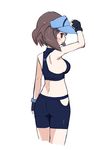  1girl ace_trainer_(pokemon) arm_up armpits ass back bare_shoulders bike_shorts black_gloves blue_hat blush breasts brown_eyes brown_hair cropped_legs female fingerless_gloves from_behind gloves half-closed_eyes hat highres looking_at_viewer looking_back looking_to_the_side matching_hair/eyes medium_breasts midriff nagitaro npc_trainer open_mouth poke_ball_theme pokemon pokemon_(game) pokemon_sm short_hair shy sideboob simple_background solo sports_bra standing sweat visor_cap white_background 