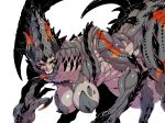  3_fingers 6_legs big_breasts black_sclera breasts claws female grey_body horn huge_breasts monster multi_limb multicolored_body muscular muscular_female non-mammal_breasts sharp_teeth slit_pupils solo spikes teeth tsuki_wani white_eyes 