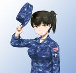  alternate_costume black_hair blue_background camouflage camouflage_hat camouflage_shirt commentary_request gradient gradient_background hat hat_holding hat_removed headwear_removed kaga_(kantai_collection) kantai_collection lifted_by_self looking_at_viewer maaranto military military_uniform rising_sun short_hair side_ponytail solo sunburst uniform upper_body yellow_eyes 