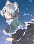  abe_suke animal_ears bangs black_skirt blush brown_eyes capelet eyebrows_visible_through_hair grey_hair jewelry long_sleeves looking_at_viewer mouse_ears mouse_tail nazrin necklace open_mouth short_hair signature skirt skirt_set snowflakes solo tail touhou 