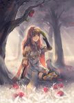  anocurry armor bird cape celica_(fire_emblem) dress fingerless_gloves fire_emblem fire_emblem_echoes:_mou_hitori_no_eiyuuou forest gloves jewelry long_hair nature red_eyes red_hair smile solo tiara 