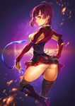  ass bandages boots breasts brown_hair closed_mouth commentary_request contrapposto corset embers eyebrows_visible_through_hair from_behind hakama_skirt hand_on_hip highres japanese_clothes koutetsujou_no_kabaneri looking_at_viewer looking_back medium_breasts miniskirt mumei_(kabaneri) panties pantyshot red_eyes revision ribbon sage_joh short_hair sideboob skirt smile solo standing underwear white_panties 