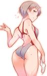  ass brown_eyes competition_swimsuit cowboy_shot em from_behind girls_und_panzer grey_swimsuit looking_at_viewer looking_back naomi_(girls_und_panzer) one-piece_swimsuit short_hair silver_hair simple_background solo standing swim_cap swim_cap_removed swimsuit wet white_background 