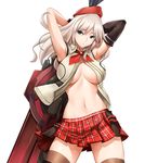  alisa_ilinichina_amiella armpits arms_behind_head arms_up black_gloves black_legwear blade blue_eyes breasts commission cowboy_shot elbow_gloves eyebrows_visible_through_hair gloves god_eater hair_between_eyes hat large_breasts legs_apart long_hair looking_at_viewer navel plaid plaid_skirt pleated_skirt silver_hair simple_background single_elbow_glove skirt solo sword thighhighs tony_guisado underboob weapon white_background zettai_ryouiki 