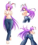 :t absurdres animal_ears barefoot breasts bunny_ears bunny_tail collarbone covering covering_breasts cropped_legs crossed_arms denim from_behind full_body highres jeans long_hair medium_breasts multiple_views navel pants purple_hair red_eyes reisen_udongein_inaba shiguma_(signalmass) sideboob simple_background tail topless touhou very_long_hair white_background 