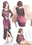  angelica_(sakura_quest) ass black_hair black_shirt black_skirt brown_eyes closed_eyes commentary_request full_body hair_over_one_eye hair_over_shoulder kitazawa_(embers) long_hair long_skirt long_sleeves low_ponytail mole mole_under_eye multiple_views official_style ponytail purple_apron sakura_quest shirt simple_background skirt solo_focus table white_background wiping wiping_table 