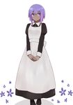  alternate_costume apron bangs black_dress black_footwear closed_mouth collared_dress dark_skin dress eyebrows_visible_through_hair fate/prototype fate/prototype:_fragments_of_blue_and_silver fate_(series) full_body hassan_of_serenity_(fate) i.u.y juliet_sleeves long_sleeves looking_at_viewer own_hands_together puffy_sleeves purple_eyes purple_hair shoes short_hair sidelocks simple_background sleeve_cuffs smile solo standing tareme white_apron white_background wing_collar 