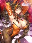  1girl animal_ears armpits arms_up bangs blurry blurry_background braid breasts brown_hair bunny_ears bunny_tail bunnysuit cleavage commentary_request curvy deathball detached_collar earrings elbow_pads erect_nipples eyebrows_visible_through_hair feather_trim feathers fishnet_pantyhose fishnets gan_(shanimuni) green_eyes hair_ornament hair_over_shoulder high_heels highres huge_breasts indoors jewelry leg_up leotard lips long_hair mole mole_on_breast mole_under_eye mole_under_mouth multicolored_hair orange_hair pantyhose parted_lips pointy_ears pole pole_dancing shiny shiny_clothes shiny_hair shiny_skin simple_background single_braid solo strapless strapless_leotard sweat sweatdrop tail very_long_hair 