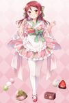  apron blush bow brown_eyes checkered checkered_background commentary_request dango dress flower food frilled_apron frills green_bow hair_bow hair_ornament half_updo hazuki_(sutasuta) highres holding holding_flower ichigo_daifuku japanese_clothes long_hair looking_at_viewer love_live! love_live!_sunshine!! obi pantyhose pink_background pink_footwear red_hair sakura_mochi sakurauchi_riko sanshoku_dango sash smile solo striped vertical_stripes wagashi white_legwear wide_sleeves x_hair_ornament youkan_(food) 