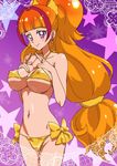  amanogawa_kirara bangs bare_shoulders bikini blunt_bangs breast_suppress breasts closed_mouth covered_nipples cowboy_shot cure_twinkle earrings go!_princess_precure hands_on_own_chest jewelry large_breasts long_hair low-tied_long_hair multicolored_hair navel ontaros orange_hair pink_hair ponytail precure purple_background shiny shiny_clothes smile solo standing star swimsuit two-tone_hair underboob very_long_hair yellow_bikini 