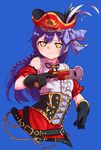  antique_firearm bangs bare_shoulders black_gloves blue_background blue_hair blush braid commentary_request eyebrows_visible_through_hair firearm flower gloves goe_(g-o-e) gun hair_between_eyes hat highres holding holding_gun holding_weapon long_hair looking_at_viewer love_live! love_live!_school_idol_festival love_live!_school_idol_project pirate_costume pirate_hat ribbon simple_background sleeveless smile solo sonoda_umi trigger_discipline upper_body weapon yellow_eyes 