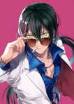  alternate_costume black_hair cigarette collarbone commentary_request fate/grand_order fate_(series) green_eyes hair_between_eyes long_hair long_sleeves looking_at_viewer male_focus mouth_hold pectorals pink_background ponytail simple_background smile smoking solo soso_(sosoming) sunglasses yan_qing_(fate/grand_order) 