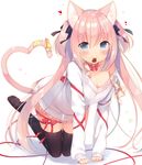  all_fours animal_ears black_legwear blue_eyes bow breasts cat_ears cat_girl cat_tail chocolate chocolate_heart choker cleavage commentary_request dress food_in_mouth hair_bow hair_ribbon heart heart_tail long_hair looking_at_viewer mouth_hold original pink_hair red_bow red_ribbon ribbon ribbon_choker sazaki_ichiri see-through_silhouette simple_background small_breasts smile solo tail tail_bow tail_raised tail_ribbon thigh_bow thigh_ribbon thighhighs two_side_up valentine very_long_hair white_background white_dress yellow_bow yellow_ribbon zettai_ryouiki 