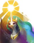  celestia_(my_little_pony) closed_mouth crown eyelashes face glitchedpuppet glowing_horn green_hair highres horn jewelry long_hair multicolored_hair my_little_pony my_little_pony_friendship_is_magic no_humans pony smile solo white_skin wings 