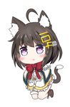  :o animal_ears azur_lane bailingxiao_jiu bangs black_footwear blush_stickers boots bow bowtie brown_hair capelet cat_ears cat_girl cat_tail chibi commentary_request dress eyebrows_visible_through_hair full_body hair_between_eyes hair_ornament parted_lips purple_eyes red_neckwear short_hair simple_background solo tai_yuan_(azur_lane) tail white_background white_capelet white_dress 