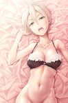  black_bra black_eyes black_panties bra breasts cleavage commentary_request earrings grey_hair idolmaster idolmaster_cinderella_girls jewelry looking_away mac-kine medium_breasts navel necklace open_mouth panties shiomi_shuuko short_hair solo underwear underwear_only 