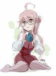  2017 4suke ahoge bangs blue-framed_eyewear blue_bow blue_neckwear blush bow bowtie brown_eyes collared_shirt dated glasses hair_between_eyes hair_bun kantai_collection long_hair long_sleeves makigumo_(kantai_collection) miniskirt open_mouth pantyhose pink_hair pink_legwear pleated_skirt red_skirt red_vest school_uniform semi-rimless_eyewear shirt simple_background sitting skirt skirt_set sleeves_past_fingers sleeves_past_wrists solo under-rim_eyewear vest wariza white_background white_shirt 