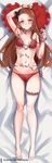  1girl :o armpits bare_arms bare_legs barefoot bed_sheet bikini blush body_writing bra brown_hair chocolate chocolate_heart chocolate_on_body collarbone dakimakura detached_collar feet forehead full_body hair_ribbon hairband highres hips holding idolmaster idolmaster_(classic) idolmaster_million_live! idolmaster_million_live!_theater_days lingerie loli long_hair looking_at_viewer lying minase_iori mirco_gravina mircoelisa nail_polish navel no_shoes nose_blush on_back panties patreon pink_eyes red_bikini small_breasts smile solo tagme thighhighs thighs toes valentine watermark 