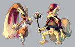 black_sclera bunny cape clothed_pokemon commentary corset cuffs eyelashes facial_hair full_body fushigi_no_dungeon gen_1_pokemon gen_4_pokemon gen_5_pokemon glitchedpuppet grey_background hat heart kadabra leg_up legs_apart lopunny mustache no_humans pidove pink_eyes pokemon pokemon_(creature) pokemon_(game) pokemon_fushigi_no_dungeon simple_background standing star top_hat 