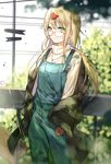  aihara_yuzu alternate_costume bad_id bad_pixiv_id bespectacled blonde_hair blush chi_zu_crazy citrus_(saburouta) eyebrows_visible_through_hair glasses green_eyes jewelry long_hair long_sleeves necklace outdoors red-framed_eyewear smile solo sweater 