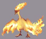  claws clothed_pokemon commentary fiery_hair fire full_body fushigi_no_dungeon gen_1_pokemon glitchedpuppet grey_background headband jewelry looking_away looking_to_the_side moltres no_humans pokemon pokemon_(creature) pokemon_(game) pokemon_fushigi_no_dungeon simple_background solo 