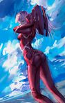  absurdres arms_up ass bad_id bad_pixiv_id bangs bird blue_sky bodysuit breasts cloud darling_in_the_franxx day dutch_angle eyeshadow feet_out_of_frame from_behind green_eyes hairband highres horns legs_apart light- long_hair looking_at_viewer looking_back makeup medium_breasts outdoors pilot_suit pink_hair red_bodysuit sketch skin_tight sky solo standing tsurime white_hairband zero_two_(darling_in_the_franxx) 