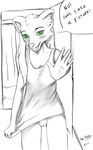  2018 anthro bathroom blush bottomless clothed clothing digital_drawing_(artwork) digital_media_(artwork) english_text female fur hair half_naked hi_res looking_at_viewer mammal open_mouth pussy shirt_pull shy simple_background solo standing tailsoft text white_background 