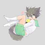  1boy akuno_hideo blue_eyes character_doll child dog_tail fetal_position green_shorts idolmaster idolmaster_side-m kemonomimi_mode legs looking_at_viewer p-head_producer rocket_770 sailor_collar sharp_teeth shorts socks solo tail teeth younger 