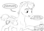  2016 beverage coffee cup dialogue english_text equine feathered_wings feathers feral flash_sentry_(mlp) food friendship_is_magic magazine male mammal monochrome my_little_pony pegasus silfoe simple_background sketch solo text wings 