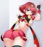  1girl against_wall ahoge areolae ass blush breasts breasts_outside cameltoe circlet fingerless_gloves from_behind gloves homura_(xenoblade_2) leaning leaning_forward looking_at_viewer looking_back medium_breasts nintendo nipples parted_lips red_eyes red_hair santystuff scarf short_hair short_shorts shorts sideboob smile solo suspenders thighhighs tiara xenoblade xenoblade_(series) xenoblade_2 