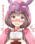  absurdres aikawa_ryou arm_warmers bat_ornament black_hair blush box cloak commentary_request embarrassed fate/grand_order fate_(series) glasses graphite_(medium) highres hood hooded_cloak long_hair looking_at_viewer mechanical_pencil osakabe-hime_(fate/grand_order) pencil pink_cloak purple_hair red-framed_eyewear semi-rimless_eyewear solo sweatdrop traditional_media translation_request under-rim_eyewear wavy_mouth 