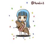  :d animal ascot bangs black_vest blouse blue_eyes blue_hair blunt_bangs chibi confetti eyebrows_visible_through_hair flipped_hair full_body gloves hatsukaze_(kantai_collection) holding holding_animal kantai_collection long_hair neck_ribbon open_mouth ribbon short_sleeves smile solo straight_hair tarebin tsuchinoko twitter_username vest white_blouse white_gloves white_legwear yellow_ribbon 