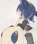  animal_ears ass bandeau bangs bare_shoulders black_bandeau black_gloves blue_eyes blue_hair bottomless closed_mouth commentary_request gloves hair_between_eyes long_hair looking_at_viewer looking_back original pappii_(paprika_shikiso) paprika_shikiso profile sketch solo tail 
