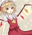  :o ascot bangs blonde_hair blush coraman cowboy_shot crystal dutch_angle eyebrows_visible_through_hair flandre_scarlet frilled_shirt_collar frills hat long_skirt looking_at_viewer mob_cap one_side_up open_mouth puffy_short_sleeves puffy_sleeves red_eyes red_shirt red_skirt shiny shiny_hair shirt short_hair short_sleeves skirt solo standing touhou white_hat wings yellow_neckwear 