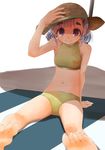  absurdres barefoot bikini feet hat highres kantai_collection lavender_hair looking_at_viewer low_twintails midriff navel ooshio_(kantai_collection) purple_eyes smile swimsuit toes twintails zhui 